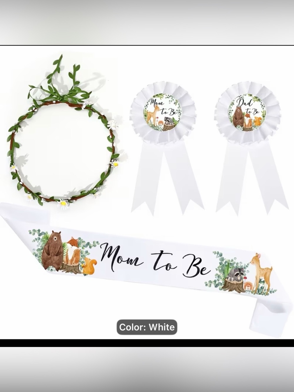 Mom to Be Sash and Rosette Set - White Floral Woodland Design